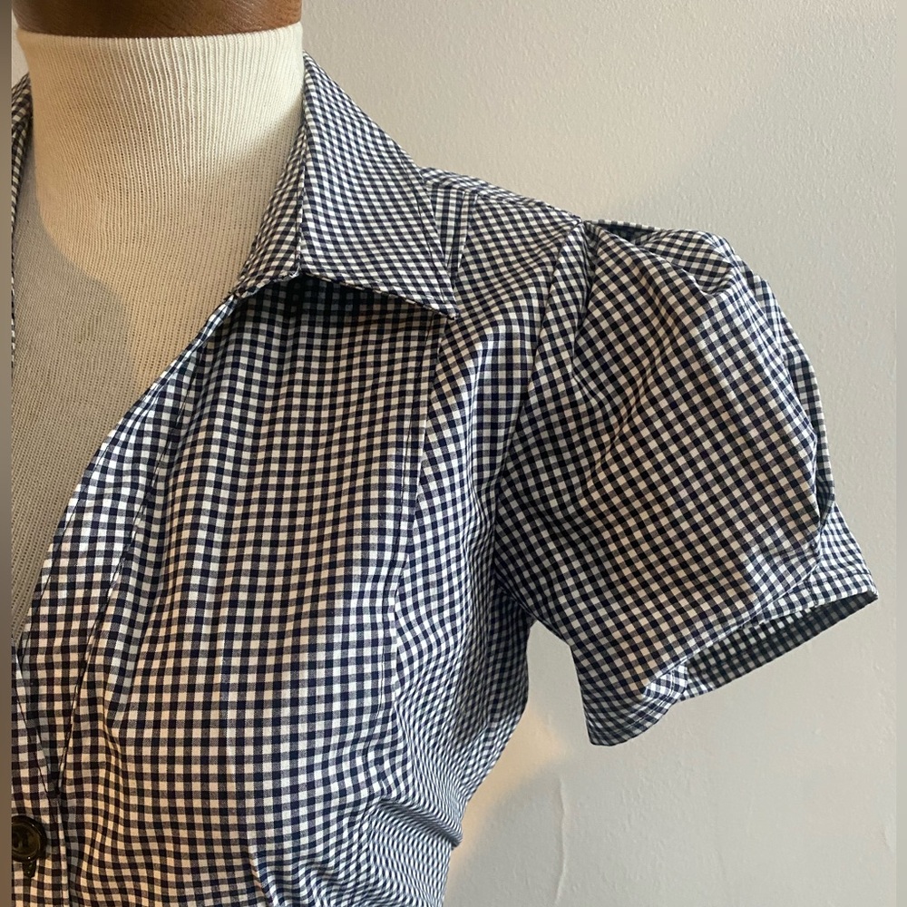 Donna Karan Gingham Midi Dress Puff Sleeve Tie Waist Black and White Size 6 - Picture 2 of 11